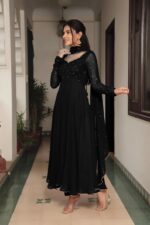 Black georgette plain heavy flair party wear gown - Image 2